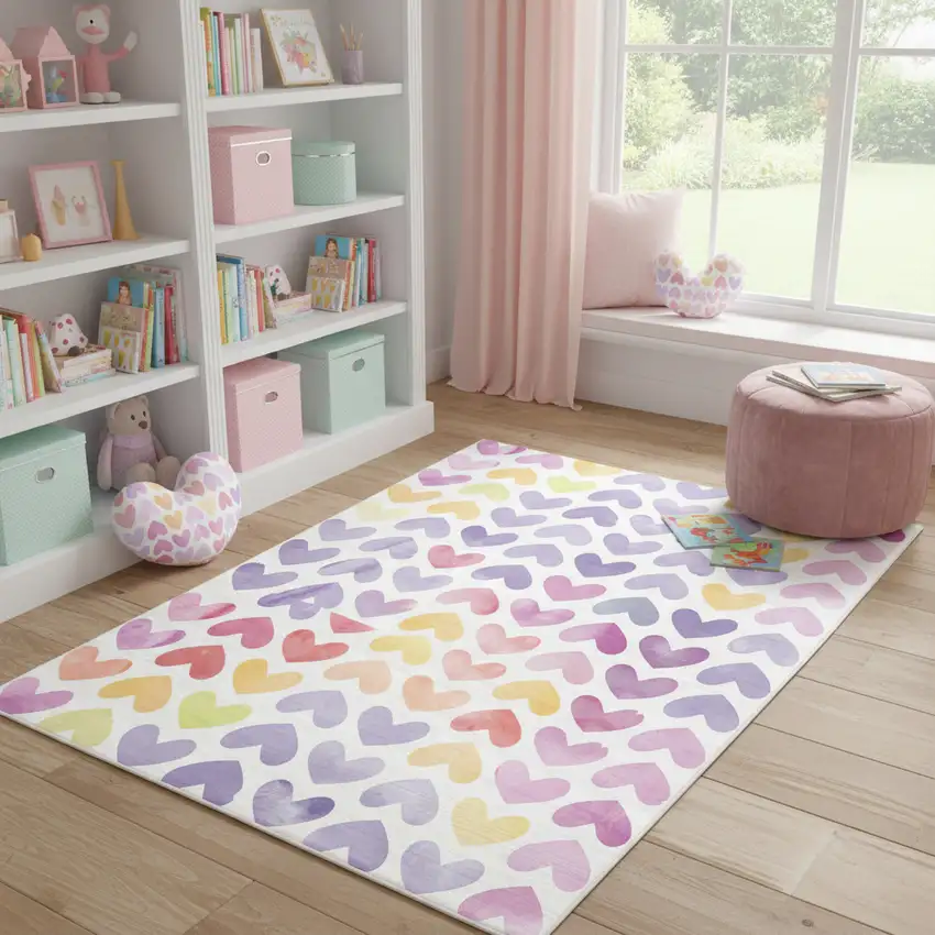 Ivory Pink And Purple Hearts Youthful Washable Area Rug Photo 1