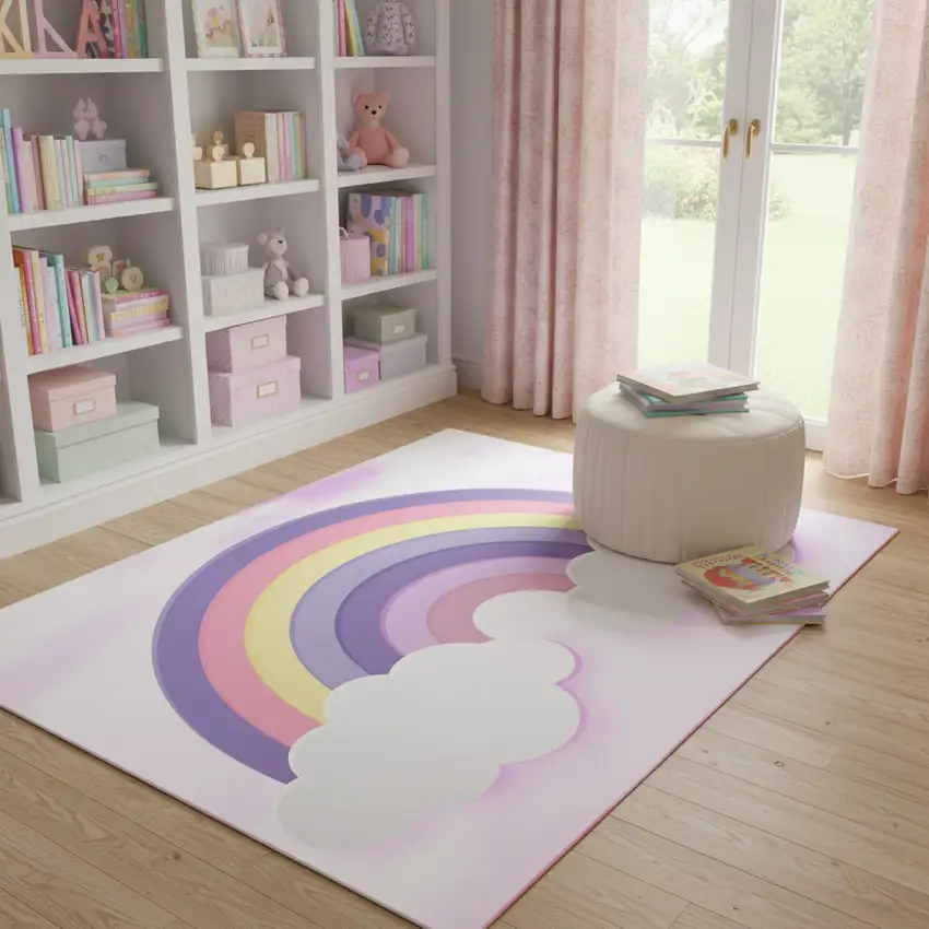 Ivory Pink And Purple Rainbows Youthful Washable Area Rug Photo 1