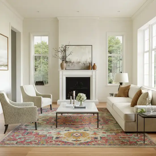 Ivory Pink And Red Floral Medallion Area Rug Photo 5