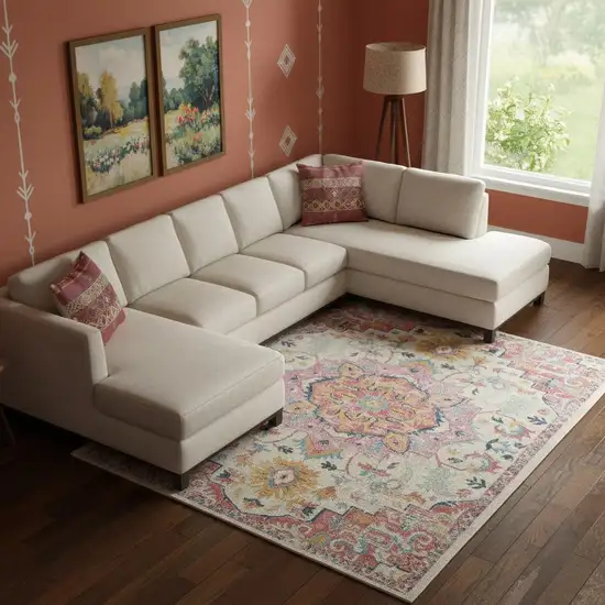 Ivory Pink And Red Floral Medallion Area Rug Photo 1