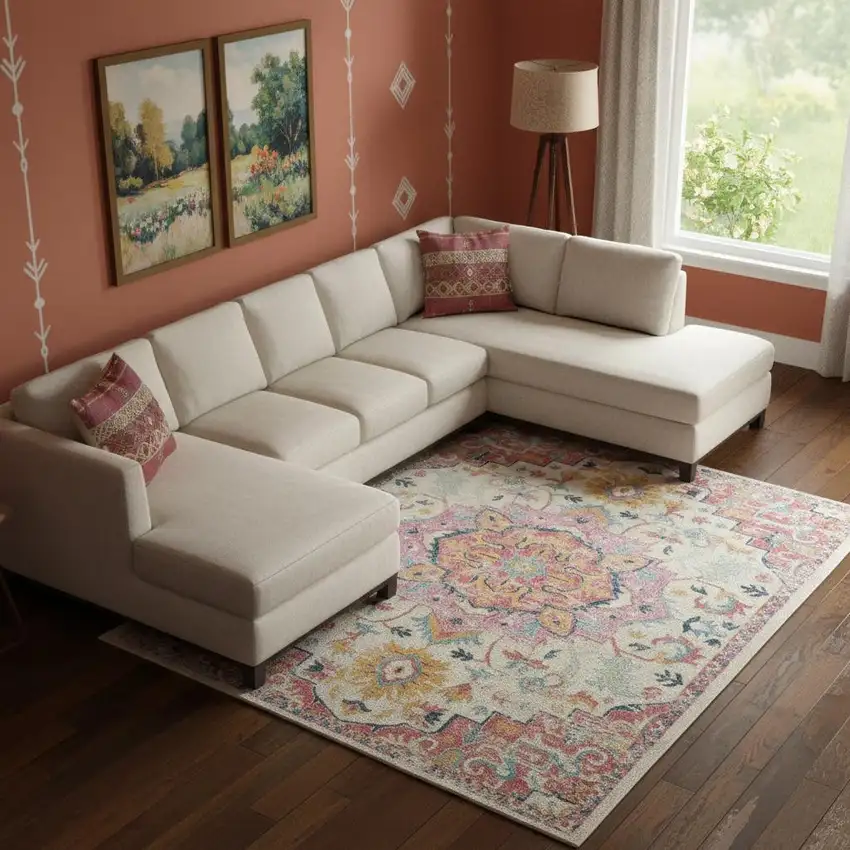 Ivory Pink And Red Floral Medallion Area Rug Photo 1