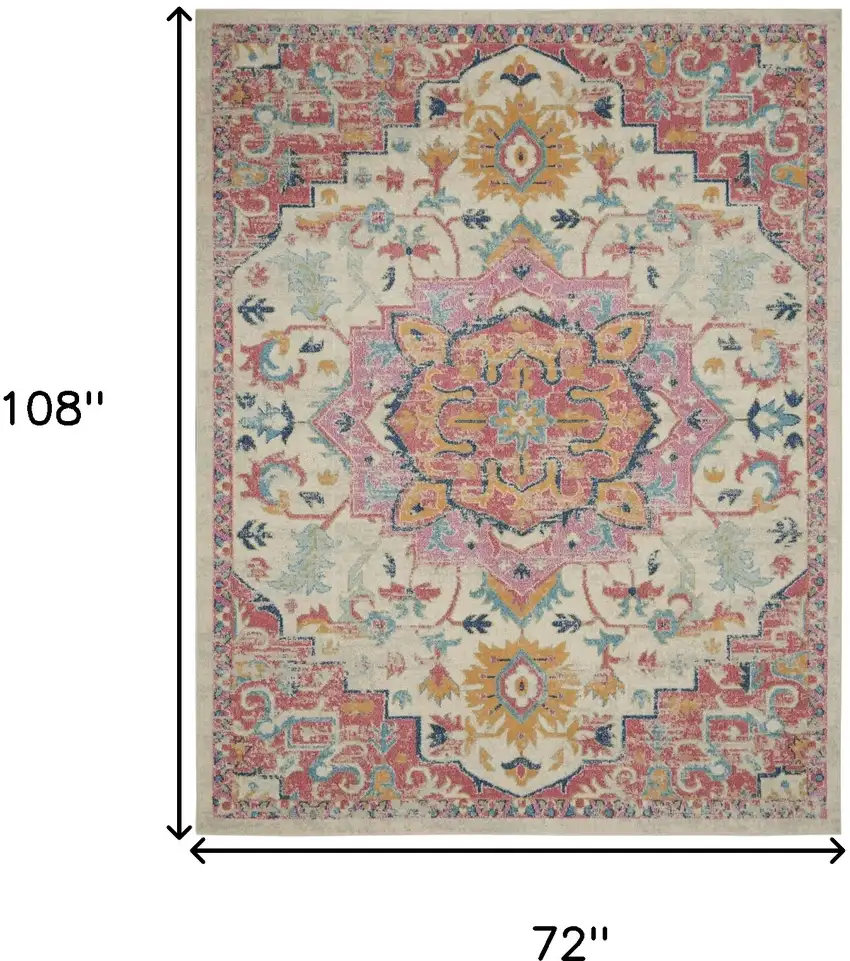 Ivory Pink And Red Floral Medallion Area Rug Photo 3