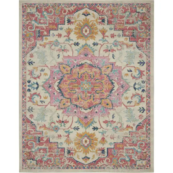 Ivory Pink And Red Floral Medallion Area Rug Photo 7