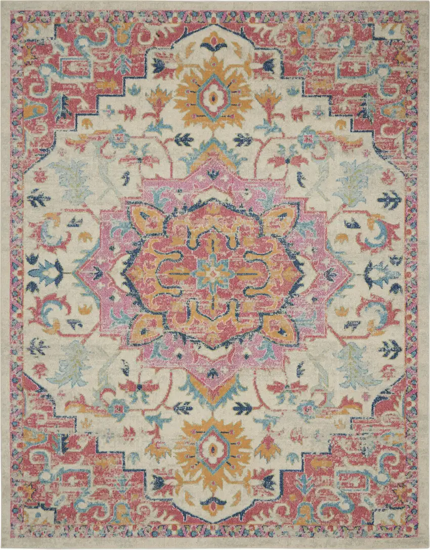 Ivory Pink And Red Floral Medallion Area Rug Photo 7