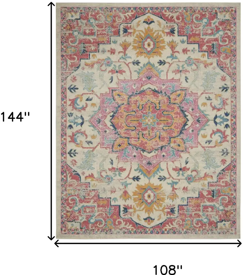 Ivory Pink And Red Floral Medallion Area Rug Photo 3
