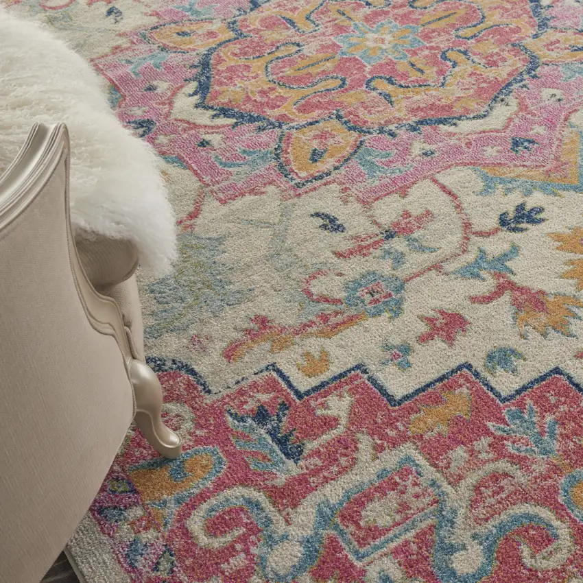 Ivory Pink And Red Floral Medallion Area Rug Photo 8