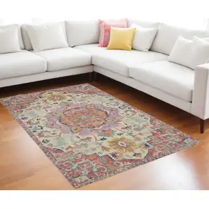 Photo of Ivory Pink And Red Floral Medallion Area Rug