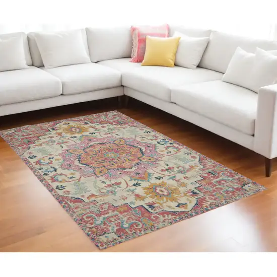 Ivory Pink And Red Floral Medallion Area Rug Photo 1