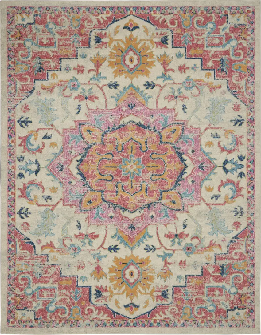 Ivory Pink And Red Floral Medallion Area Rug Photo 7