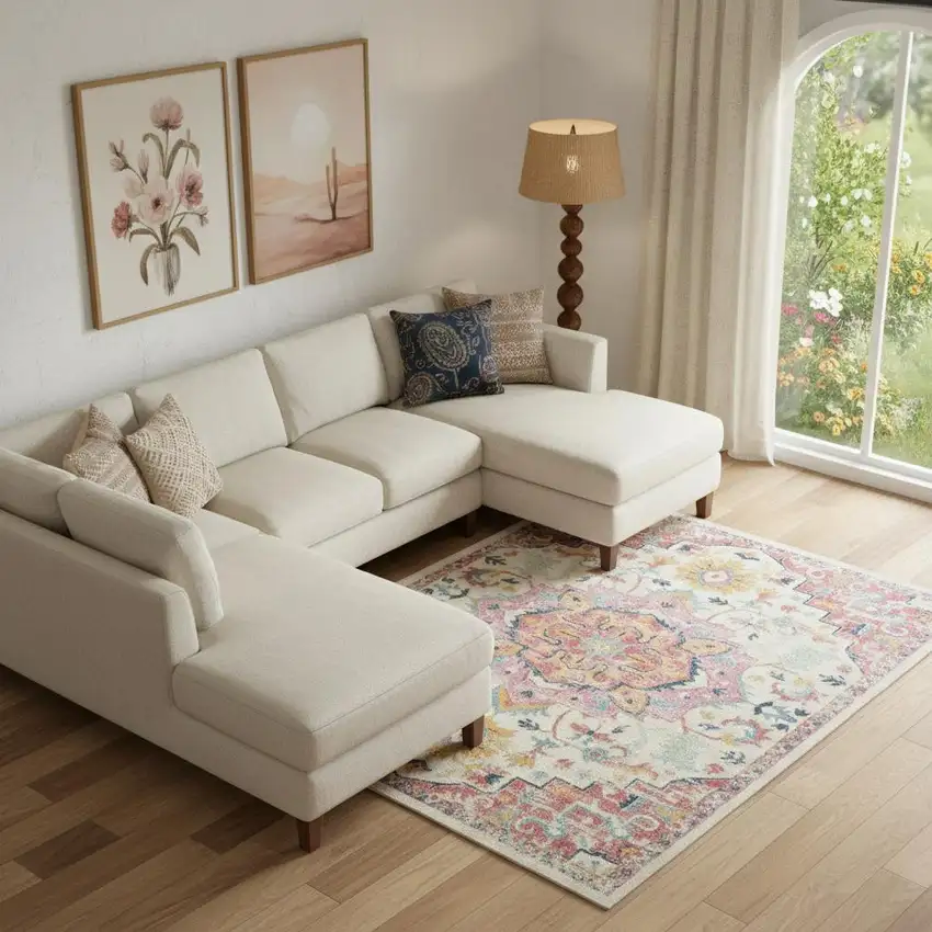 Ivory Pink And Red Floral Medallion Area Rug Photo 1