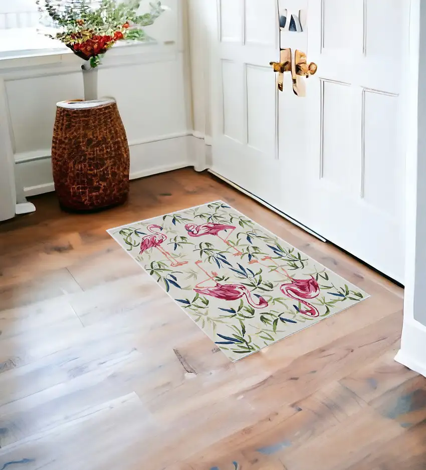 2'X3' Ivory Pink Hand Hooked Flamingo Indoor Accent Rug Photo 1