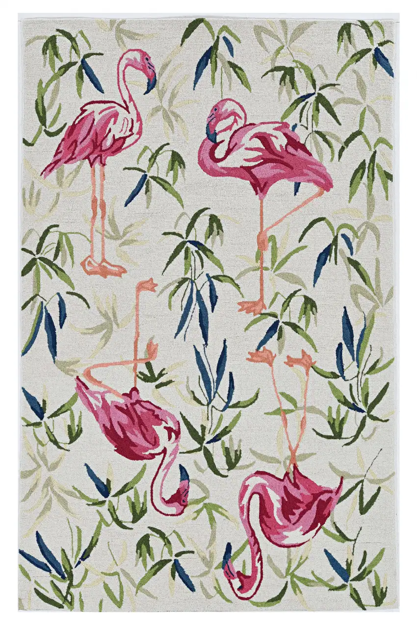Ivory Pink Hand Hooked Flamingo Indoor Area Rug Photo 1