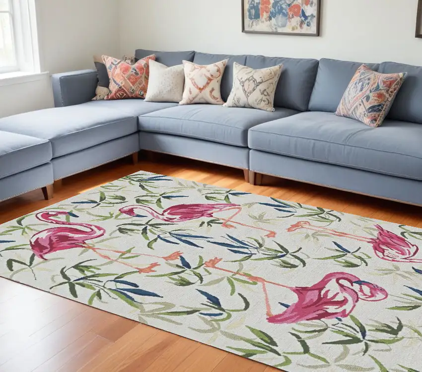 Ivory Pink Hand Hooked Flamingo Indoor Area Rug Photo 1