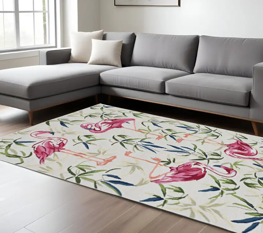 Ivory And Pink Flamingo Hand Hooked Area Rug Photo 2