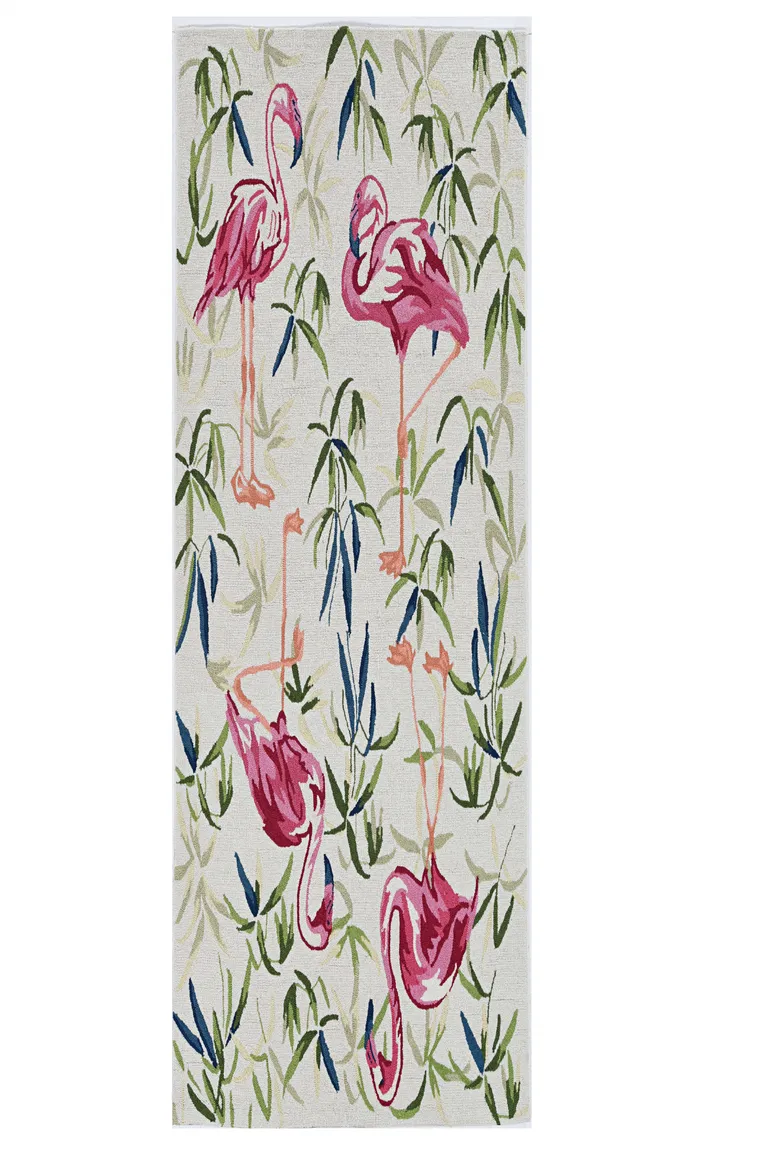 Ivory Pink Hand Hooked Flamingo Indoor Runner Rug Photo 1