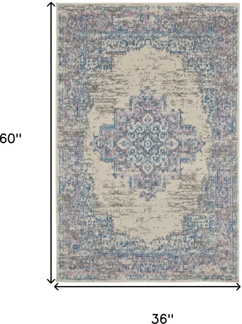 Ivory Pink and Blue Medallion Distressed Non Skid Area Rug Photo 3