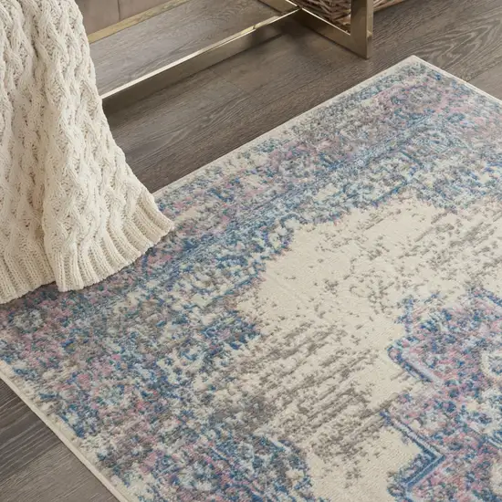 Ivory Pink and Blue Medallion Distressed Non Skid Area Rug Photo 6