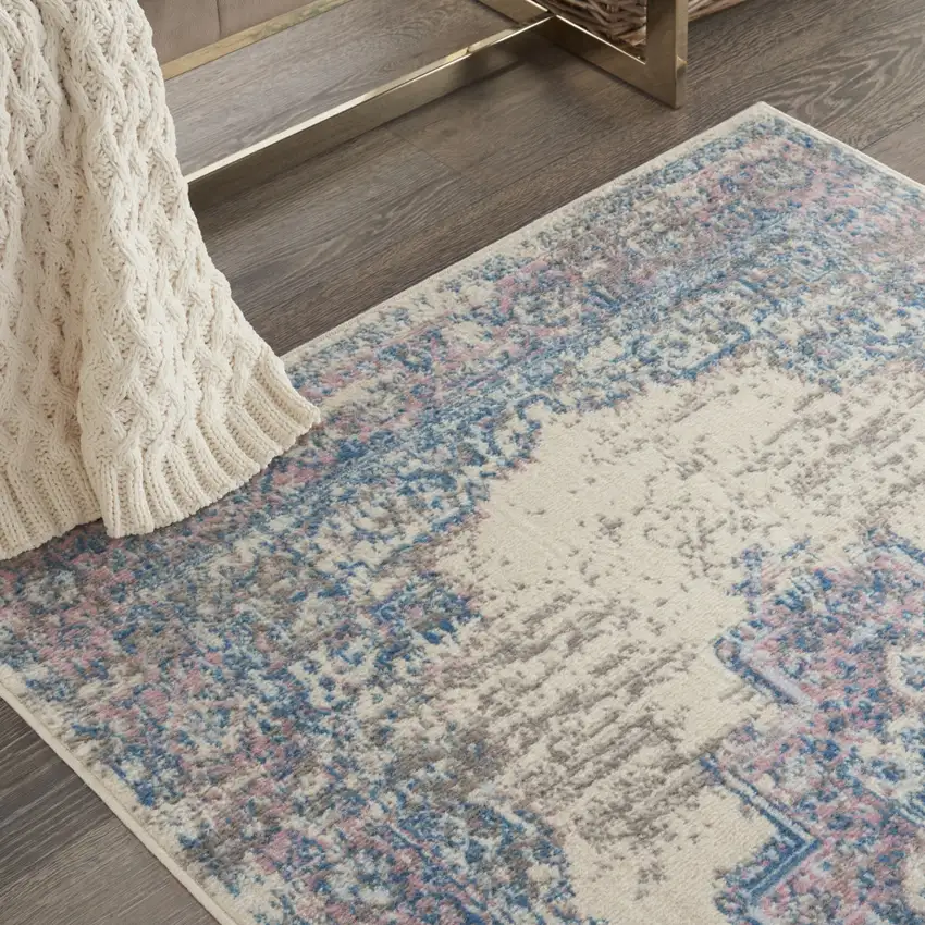Ivory Pink and Blue Medallion Distressed Non Skid Area Rug Photo 6