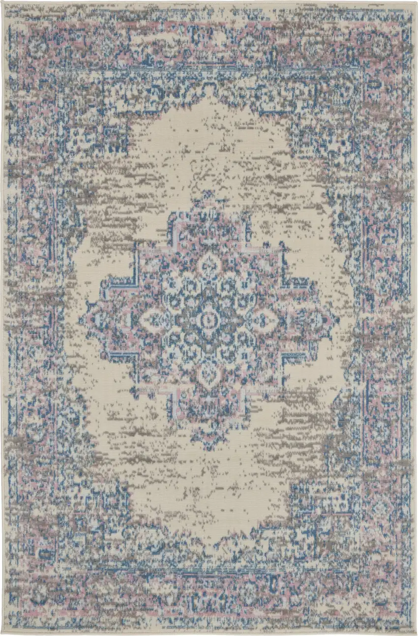 Ivory Pink and Blue Medallion Distressed Non Skid Area Rug Photo 2