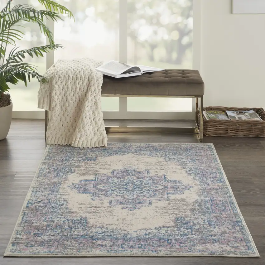 Ivory Pink and Blue Medallion Distressed Non Skid Area Rug Photo 9