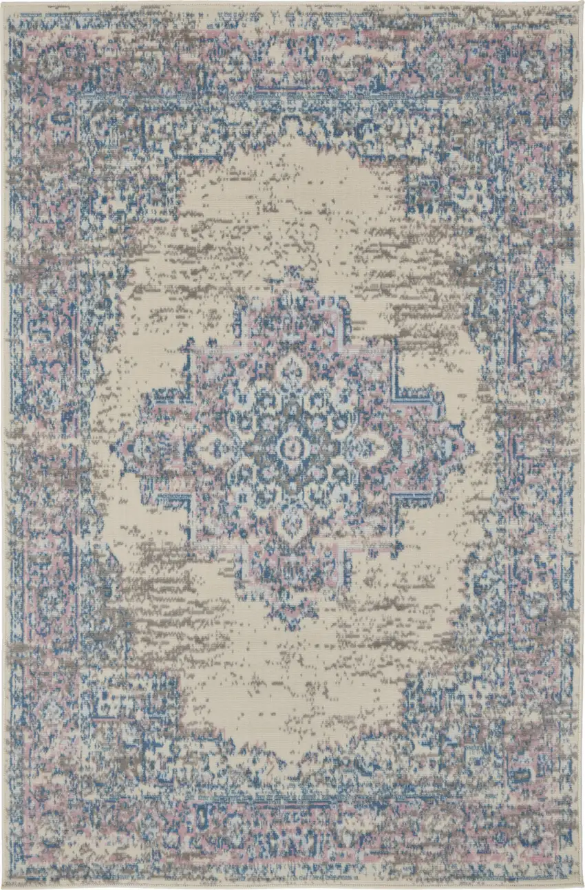 Ivory Pink and Blue Medallion Distressed Non Skid Area Rug Photo 5