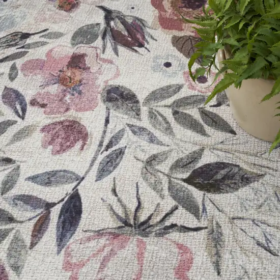5' X 7' Ivory Pink and Green Floral Power Loom Washable Non Skid Area Rug Photo 9