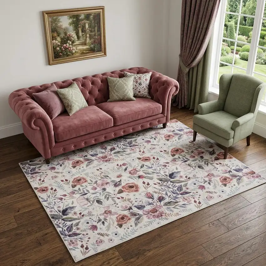 5' X 7' Ivory Pink and Green Floral Power Loom Washable Non Skid Area Rug Photo 1