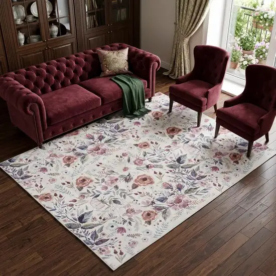 Ivory Pink and Green Floral Power Loom Washable Non Skid Area Rug Photo 1