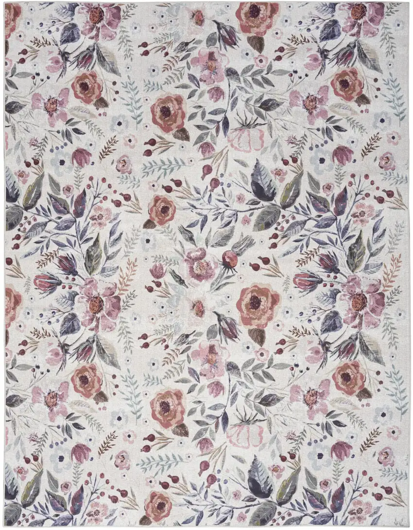 Ivory Pink and Green Floral Power Loom Washable Non Skid Area Rug Photo 2
