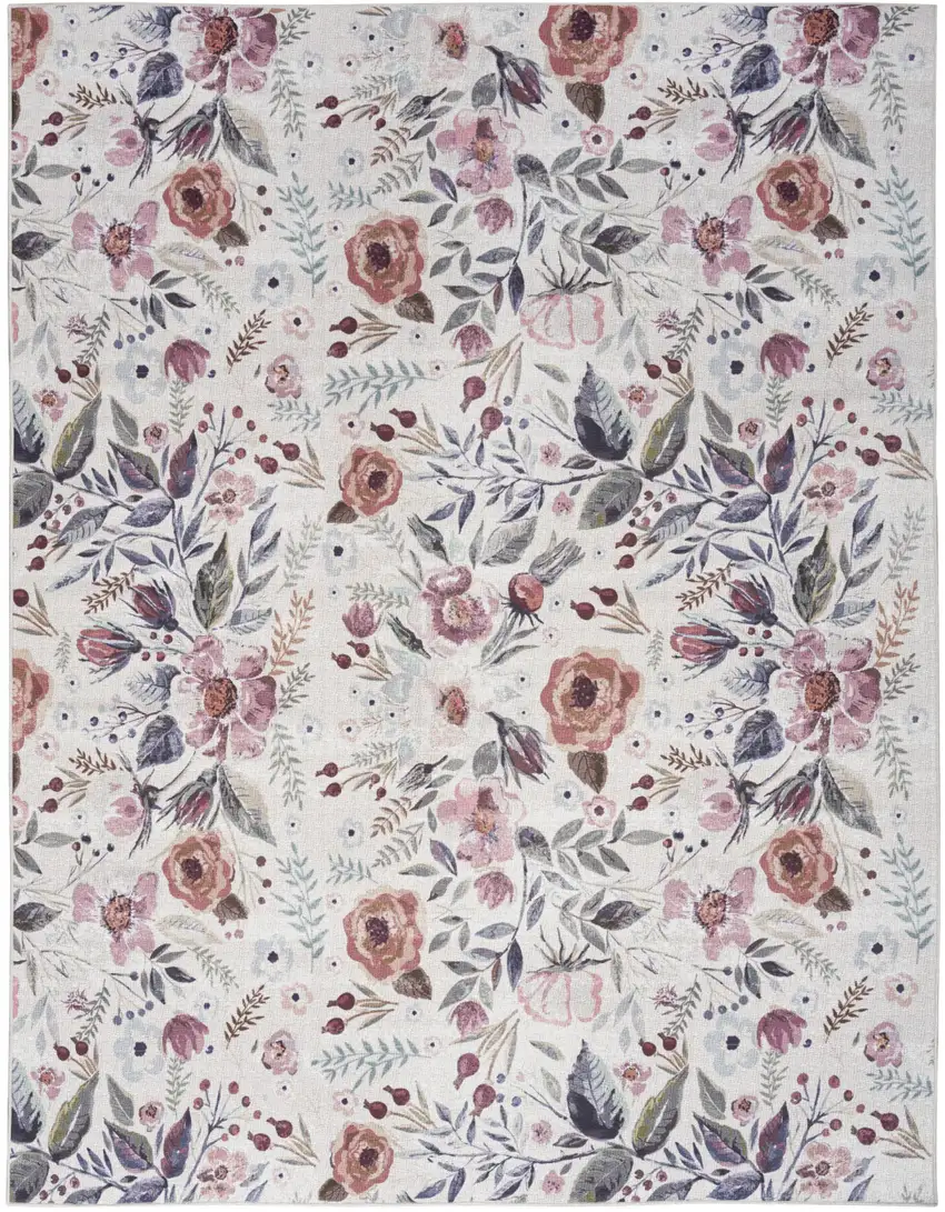 Ivory Pink and Green Floral Power Loom Washable Non Skid Area Rug Photo 1