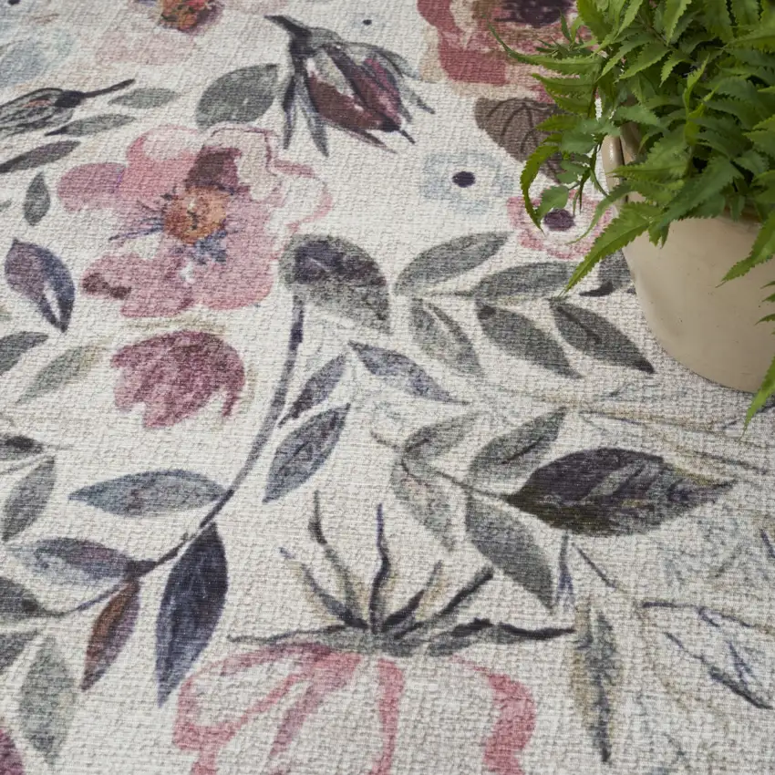 Ivory Pink and Green Floral Power Loom Washable Non Skid Area Rug Photo 9