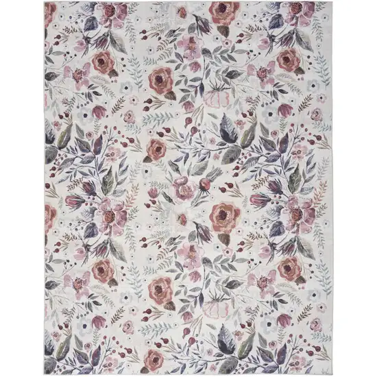 Ivory Pink and Green Floral Power Loom Washable Non Skid Area Rug Photo 2