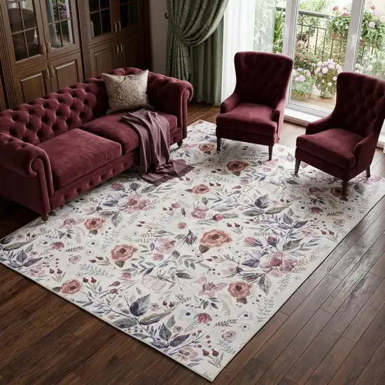 Ivory Pink and Green Floral Power Loom Washable Non Skid Area Rug Photo 1