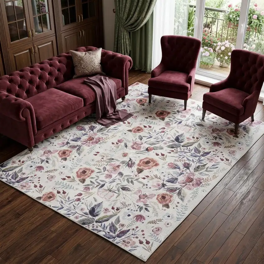 Ivory Pink and Green Floral Power Loom Washable Non Skid Area Rug Photo 1