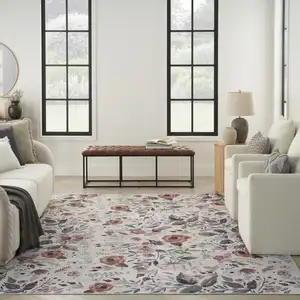 Photo of Ivory Pink and Green Floral Power Loom Washable Non Skid Area Rug