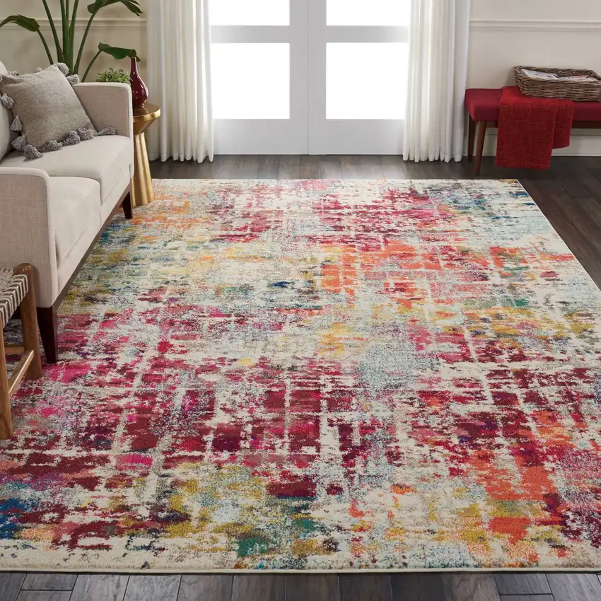 Ivory Pink and Orange Abstract Distressed Non Skid Area Rug Photo 3