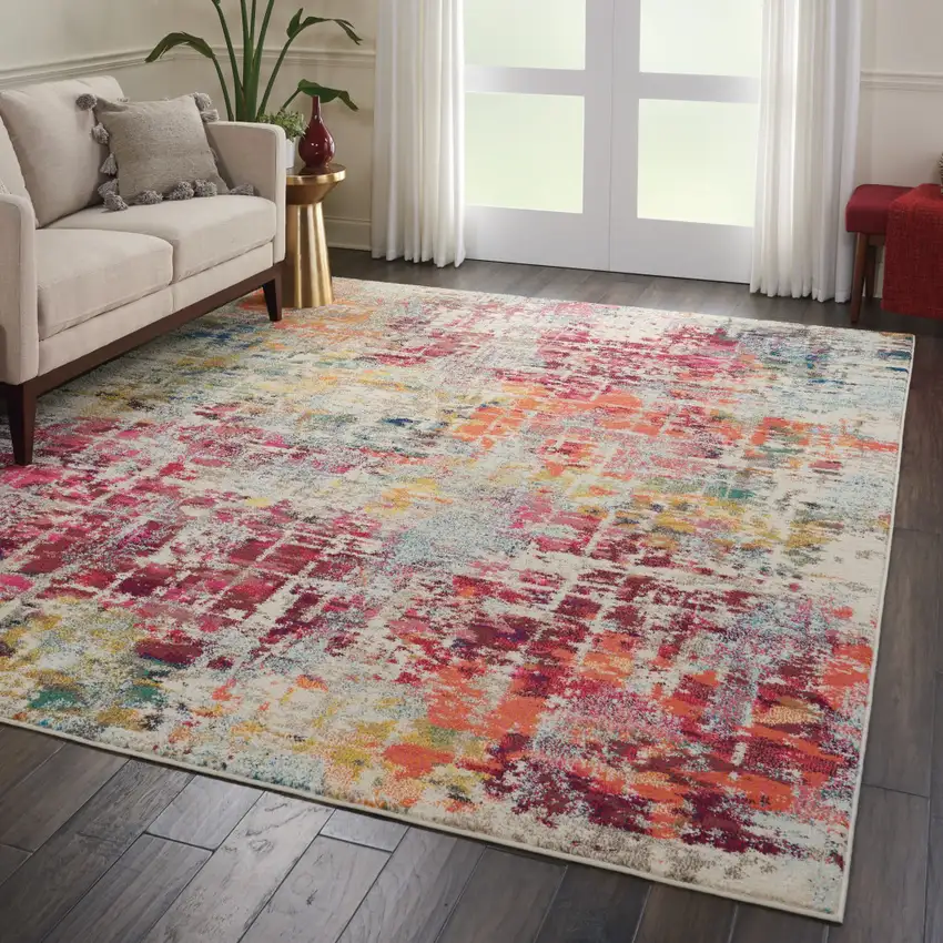 Ivory Pink and Orange Abstract Distressed Non Skid Area Rug Photo 5