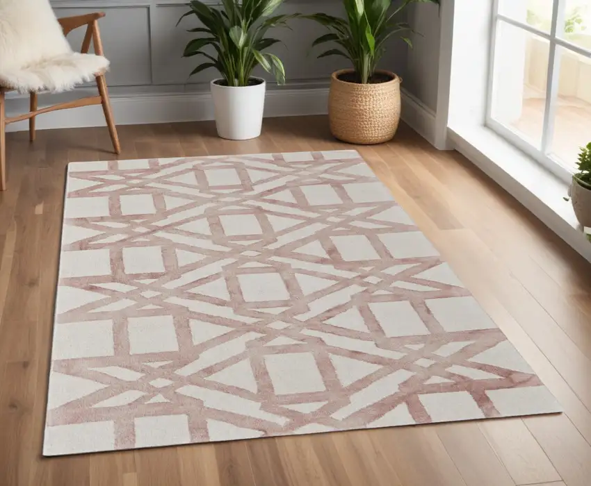 Ivory Pink and Tan Wool Geometric Hand Tufted Area Rug Photo 1