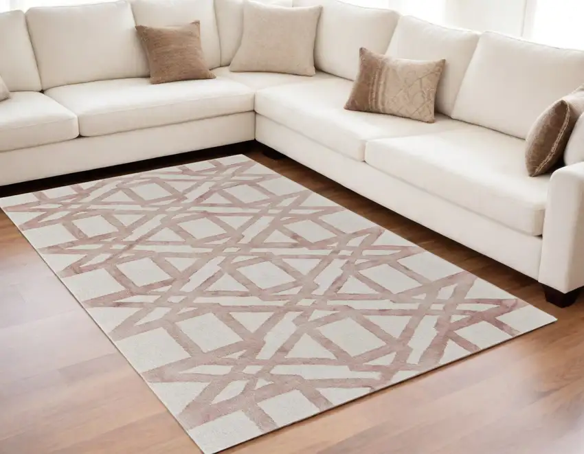 Ivory Pink and Tan Wool Geometric Hand Tufted Area Rug Photo 1