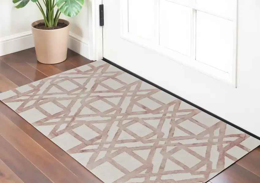Ivory Pink and Tan Wool Geometric Hand Tufted Area Rug Photo 1