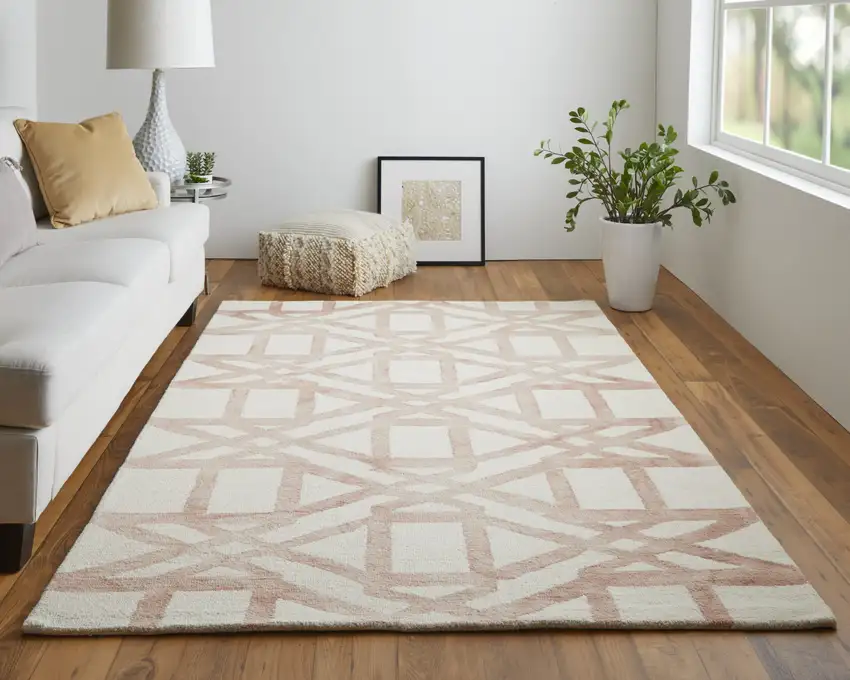 Ivory Pink and Tan Wool Geometric Hand Tufted Area Rug Photo 9