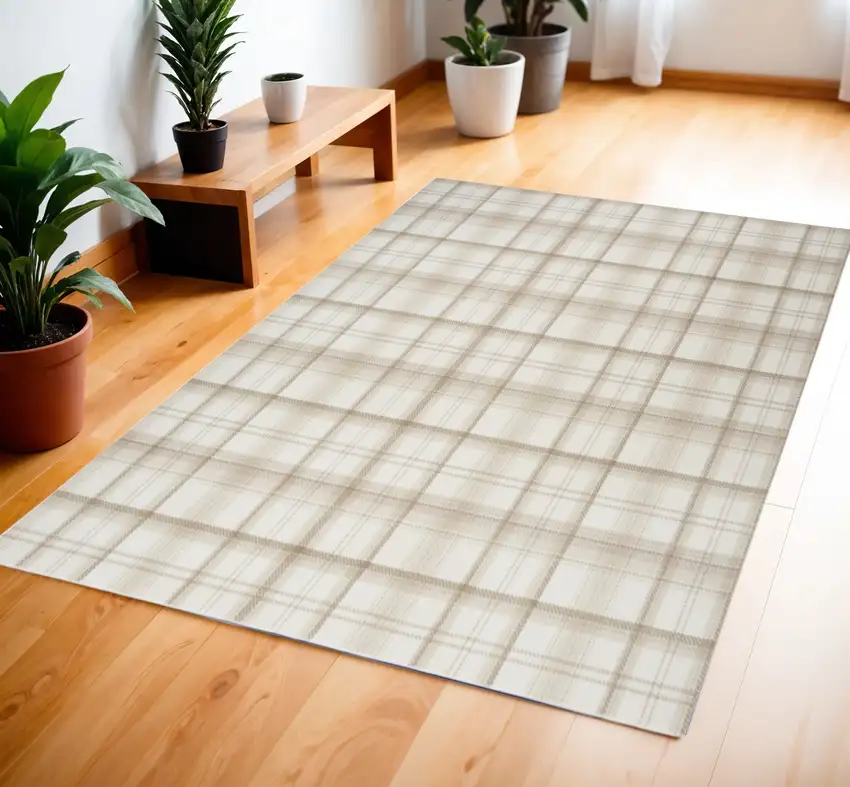 Ivory Plaid Power Loom Area Rug Photo 1