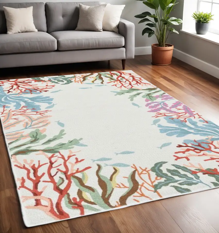 Ivory Red And Pink Fish and Coral Hand Tufted Area Rug Photo 2