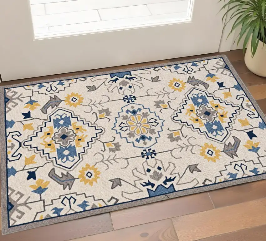 Ivory Blue And Yellow Southwestern Hand Tufted Area Rug Photo 1