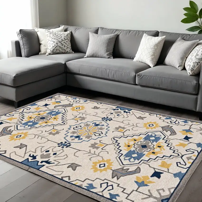 Ivory Blue And Yellow Southwestern Hand Tufted Area Rug Photo 1