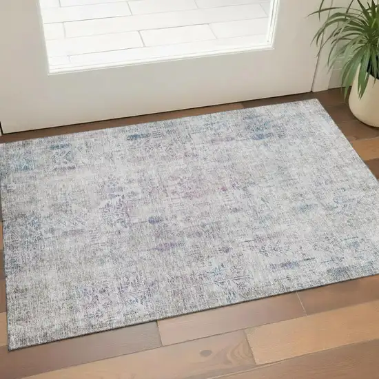 Ivory Purple And Blue Floral Washable Area Rug With UV Protection Photo 1