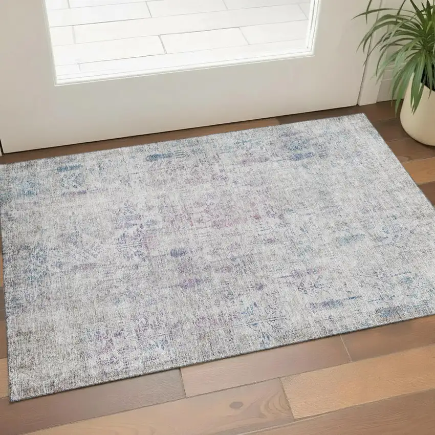 Ivory Purple And Blue Floral Washable Area Rug With UV Protection Photo 1