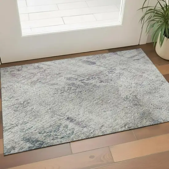 Ivory Purple And Blue Floral Washable Area Rug With UV Protection Photo 2