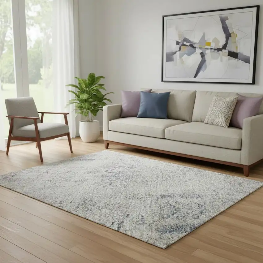 Ivory Purple And Blue Floral Washable Area Rug With UV Protection Photo 2