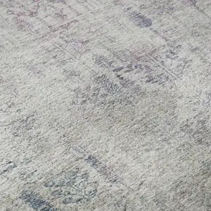 Photo of Ivory Purple And Blue Floral Washable Area Rug With UV Protection